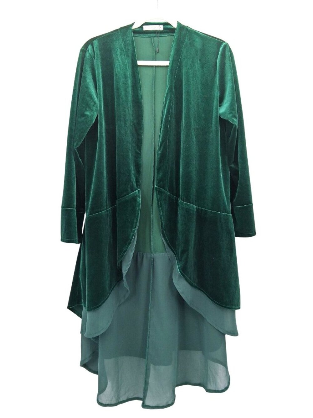 R. Vivimos Green Velvet Open Front Topper With Sheer Hem Layer Size M 8/10